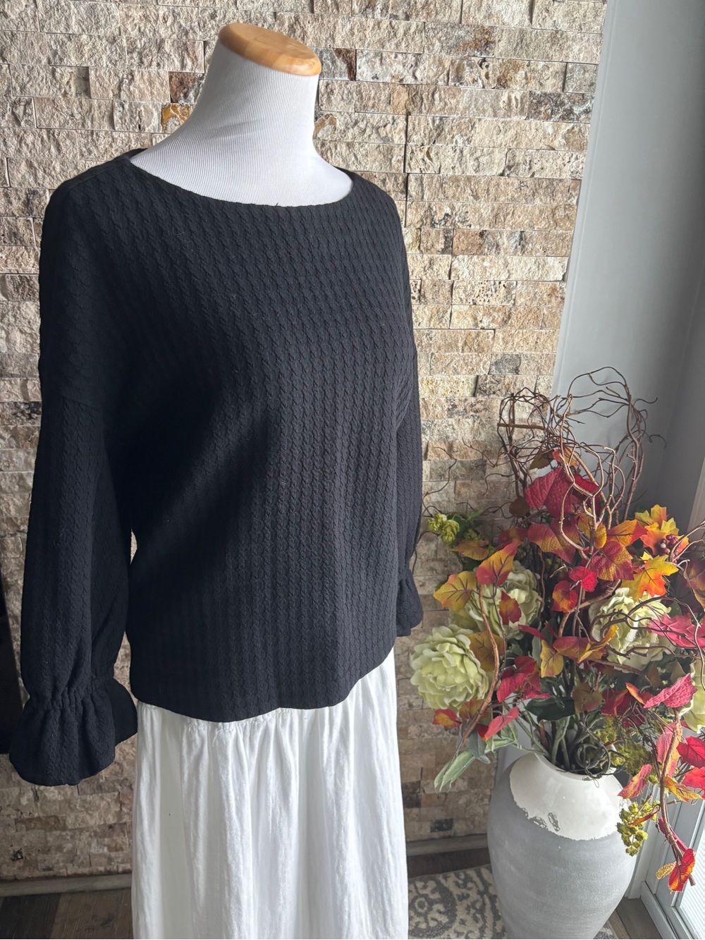 Sandro Black Textured Crewneck with Ruffle Cuffs